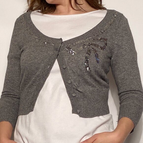 Vintage Y2K Forever 21 Grey Cropped Angora Shrug Cardigan w Sequin Bow! Medium - Picture 6 of 11